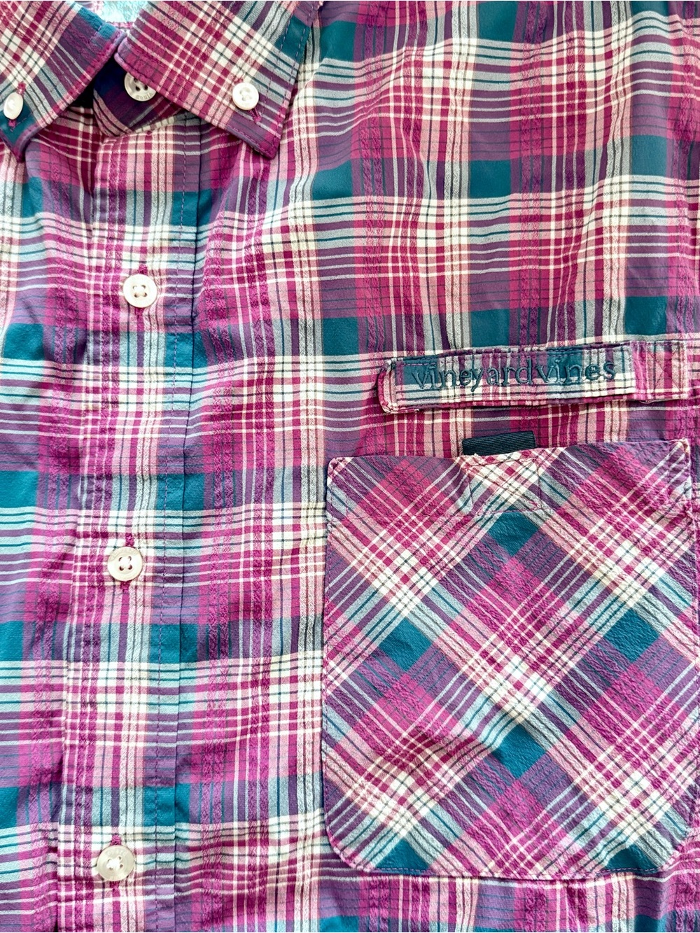 Vineyard Vines Men’s Harbor Shirt Plaid Button-Up in Magenta and Navy